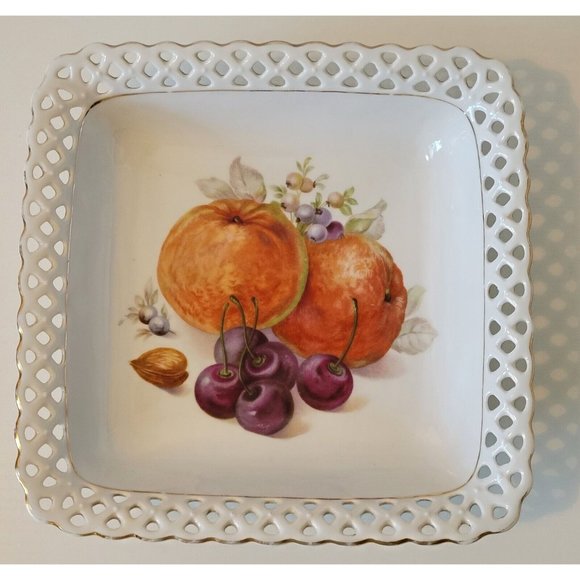Vintage Schumann Porcelain Fruit Square Pierced Rim Bowl Schumann Bavaria - Picture 1 of 9